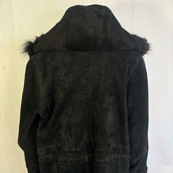 VERNISSAGE VINTAGE BLACK LEATHER TRENCH COAT WINTER COAT WITH FAUX FUR LARGE - Picture 6 of 17
